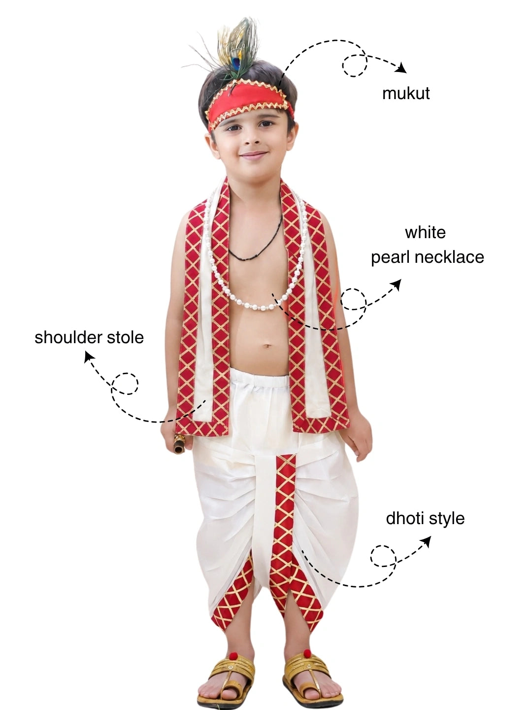 BownBee Kanhaiya Dhoti with Chunni , Bansuri, Mukut & pearl Mala Set For Boys