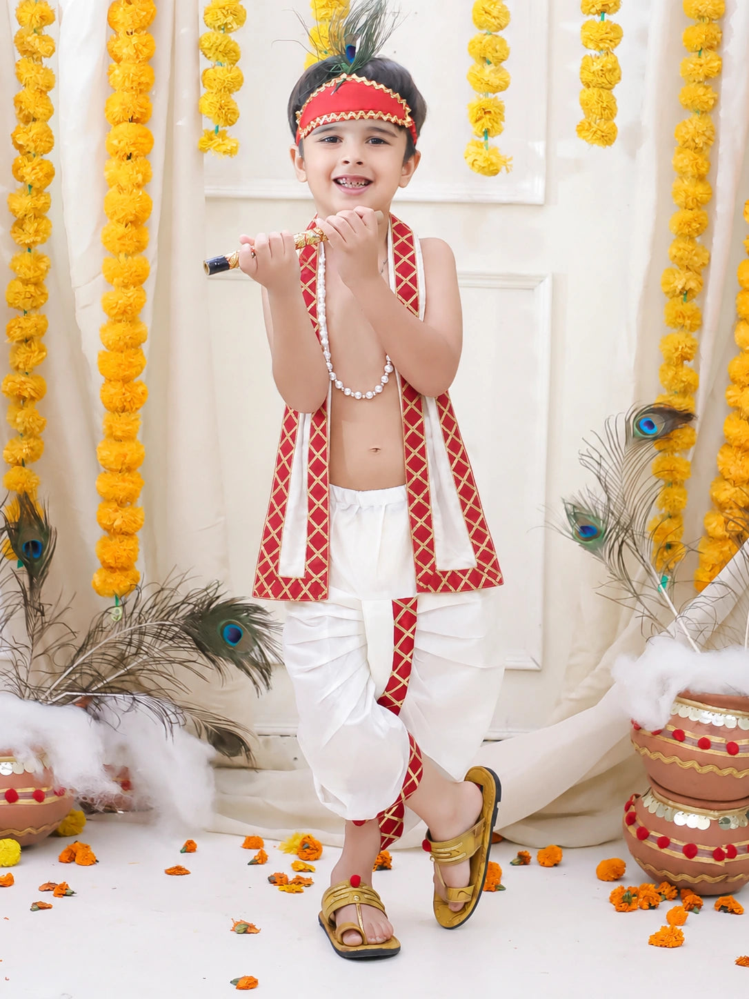 BownBee Kanhaiya Dhoti with Chunni , Bansuri, Mukut & pearl Mala Set For Boys