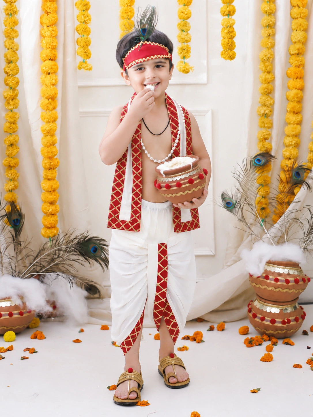BownBee Kanhaiya Dhoti with Chunni , Bansuri, Mukut & pearl Mala Set For Boys