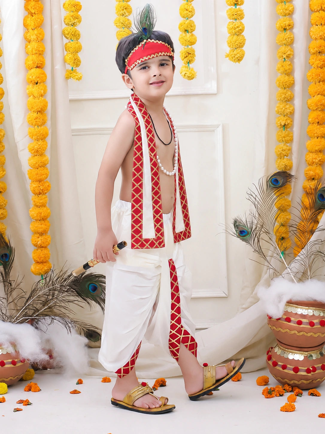 BownBee Kanhaiya Dhoti with Chunni , Bansuri, Mukut & pearl Mala Set For Boys