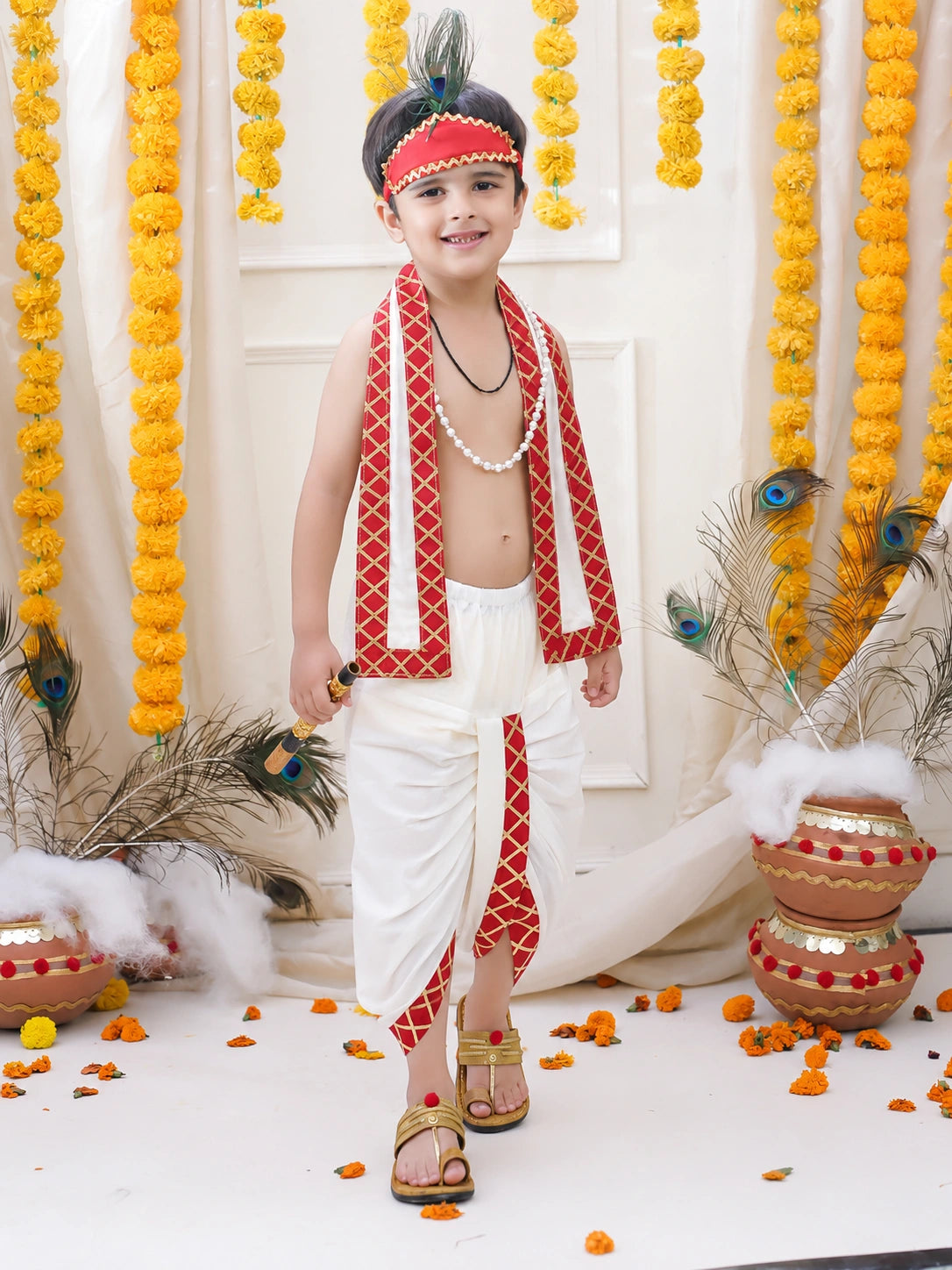 BownBee Kanhaiya Dhoti with Chunni , Bansuri, Mukut & pearl Mala Set For Boys