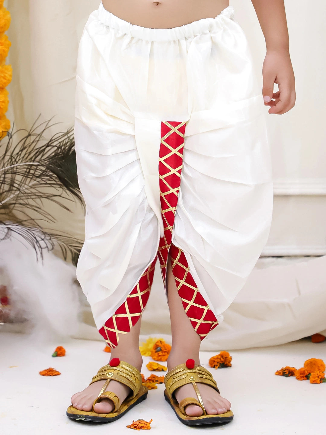 BownBee Kanhaiya Dhoti with Chunni , Bansuri, Mukut & pearl Mala Set For Boys