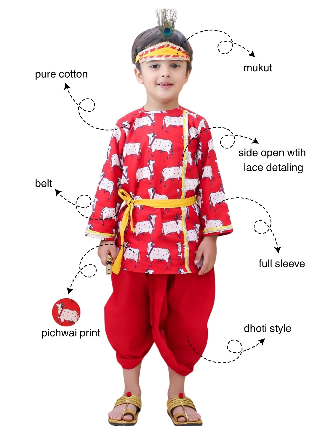 BownBee Full Sleeve Pure Cotton Kurta Dhoti With Belt ,Mukut & Bansuri for Boys