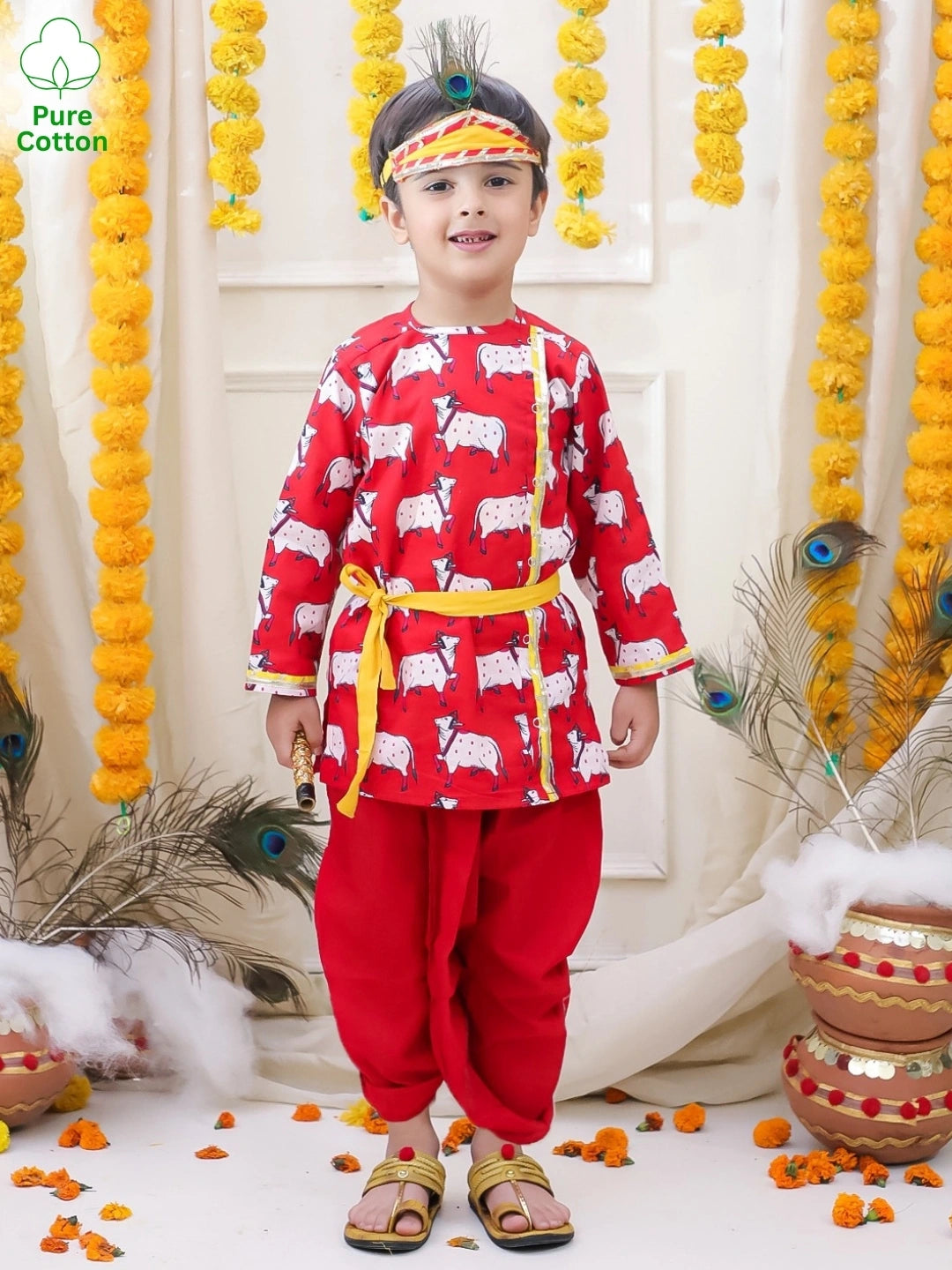 BownBee Full Sleeve Pure Cotton Kurta Dhoti With Belt ,Mukut & Bansuri for Boys