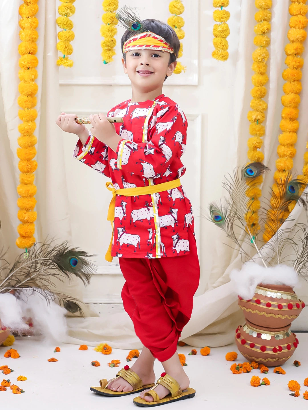 BownBee Full Sleeve Pure Cotton Kurta Dhoti With Belt ,Mukut & Bansuri for Boys