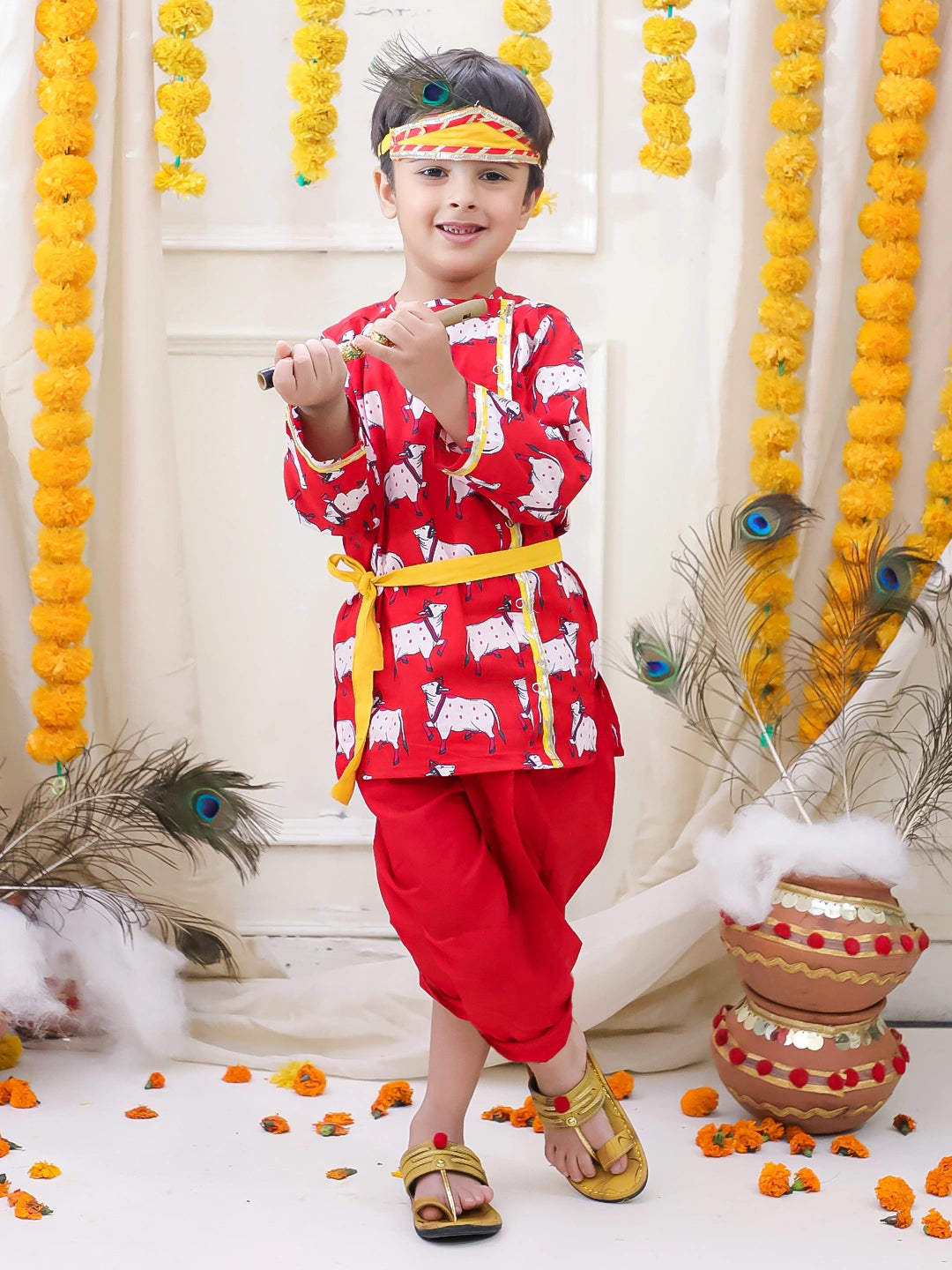 BownBee Full Sleeve Pure Cotton Kurta Dhoti With Belt ,Mukut & Bansuri for Boys