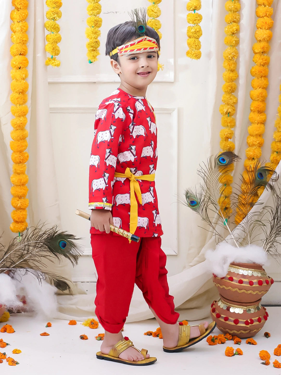 BownBee Full Sleeve Pure Cotton Kurta Dhoti With Belt ,Mukut & Bansuri for Boys