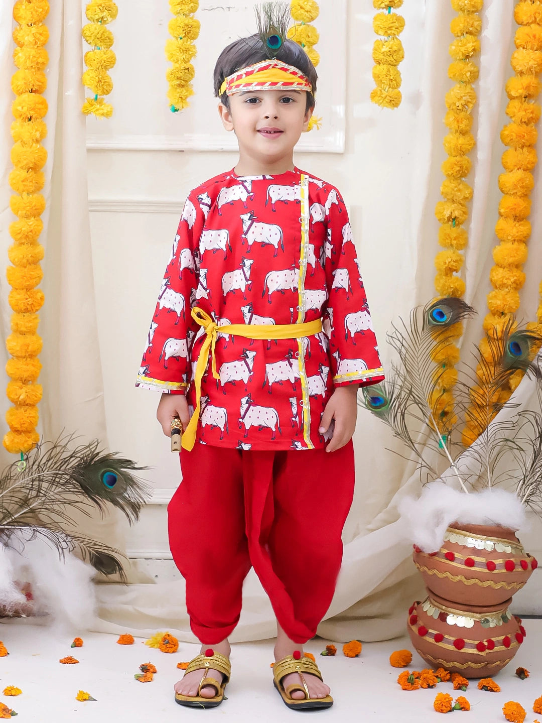 BownBee Pure Cotton Printed Dhoti Kurta & Lehenga Choli With Dupatta Sibling Set