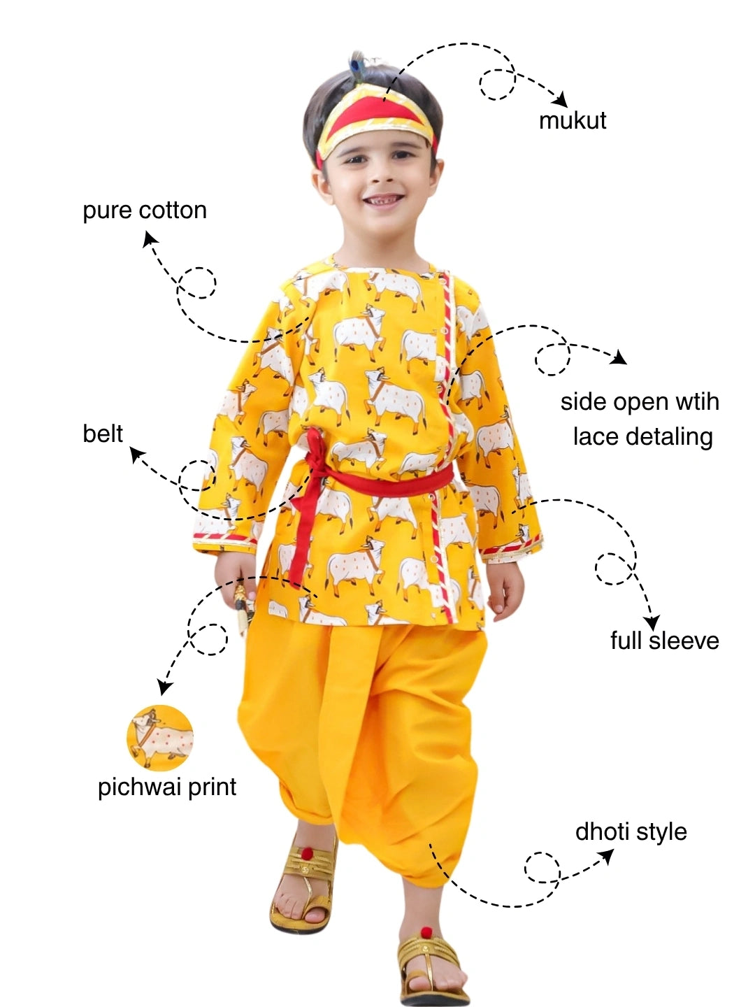 BownBee Full Sleeve Pure Cotton Kurta Dhoti With Belt ,Mukut & Bansuri for Boys