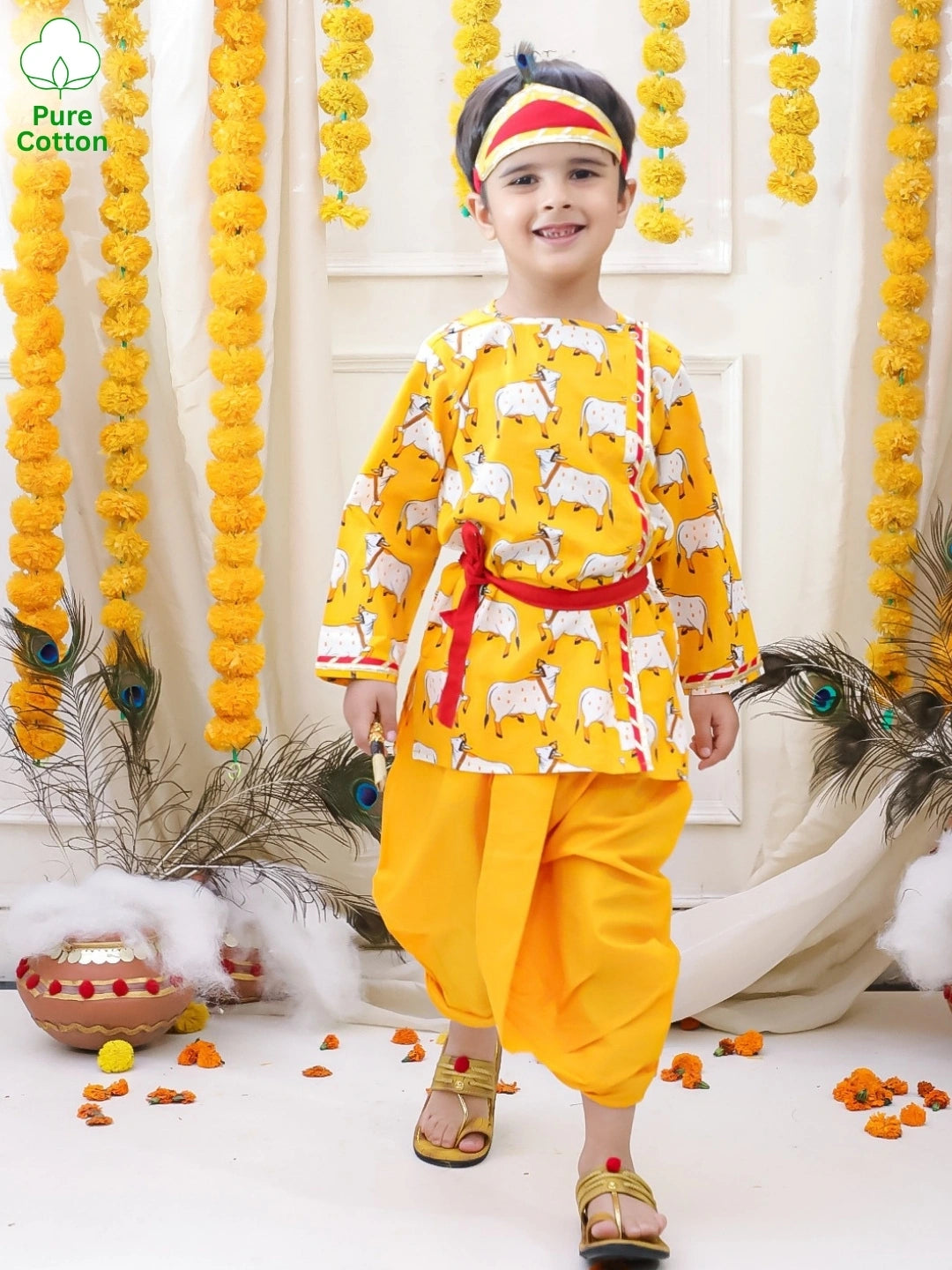 BownBee Pure Cotton Printed Dhoti Kurta & Lehenga Choli With Dupatta Sibling Set