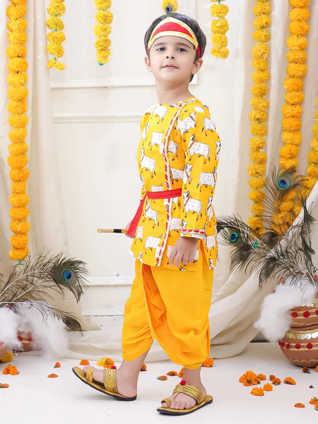 BownBee Full Sleeve Pure Cotton Kurta Dhoti With Belt ,Mukut & Bansuri for Boys