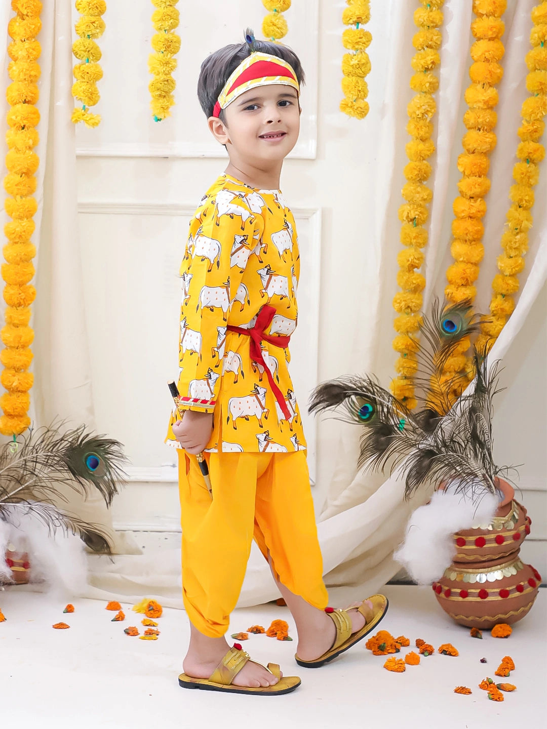 BownBee Full Sleeve Pure Cotton Kurta Dhoti With Belt ,Mukut & Bansuri for Boys