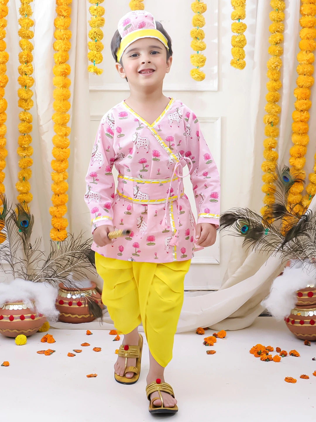 BownBee Pure Cotton Printed Dhoti Kurta & Lehenga Choli With Dupatta Sibling Set