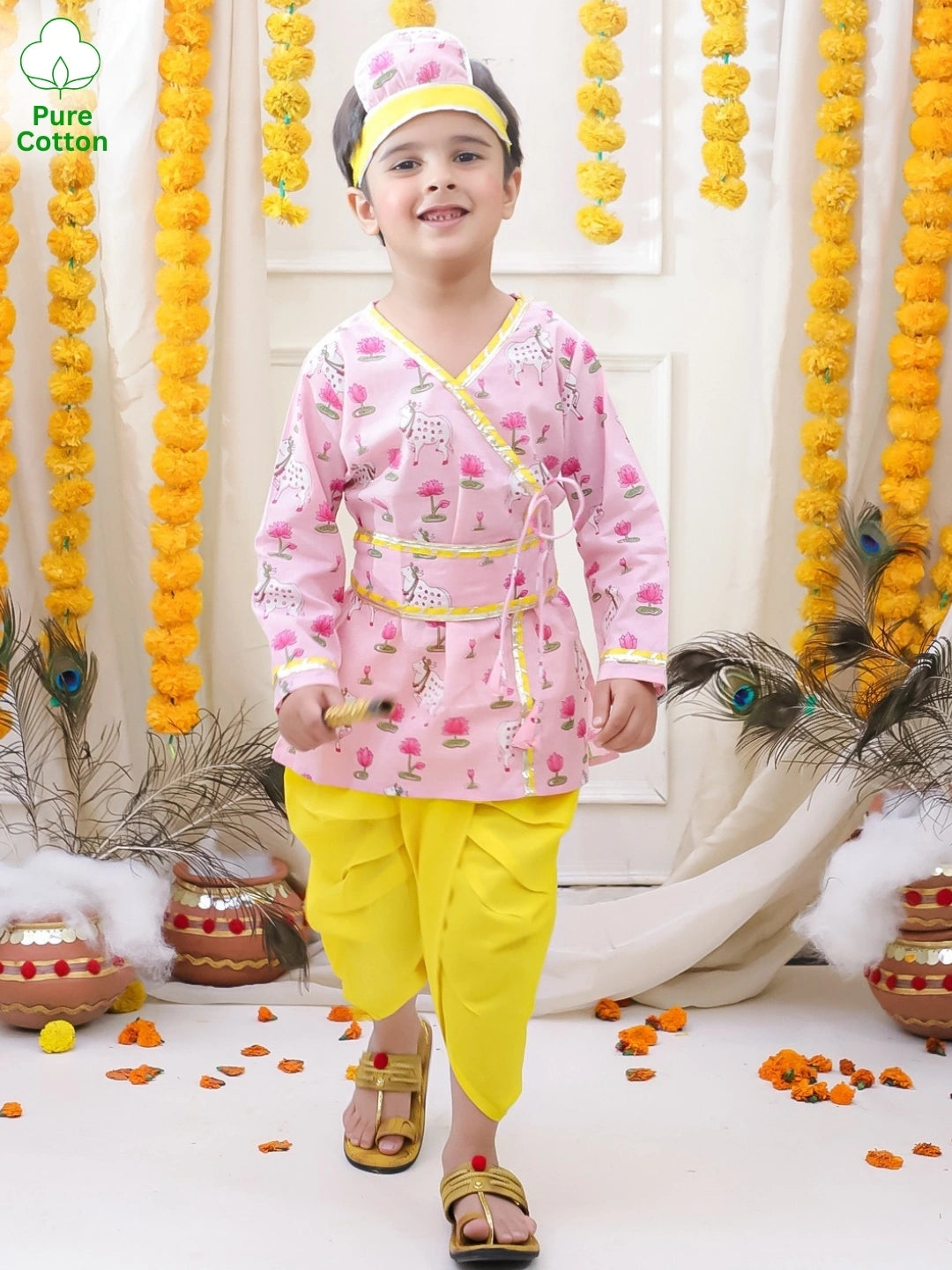 BownBee Full Sleeve Pure Cotton Kurta Dhoti With Belt ,Mukut & Bansuri for Boys