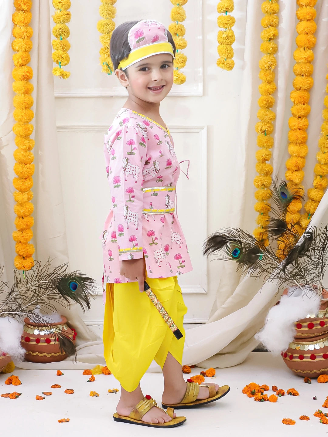 BownBee Full Sleeve Pure Cotton Kurta Dhoti With Belt ,Mukut & Bansuri for Boys