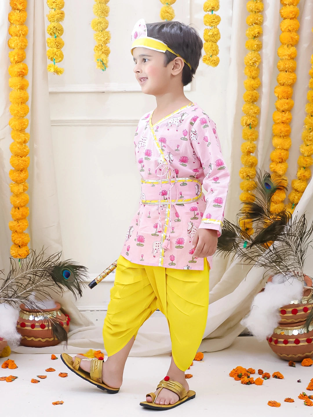 BownBee Full Sleeve Pure Cotton Kurta Dhoti With Belt ,Mukut & Bansuri for Boys