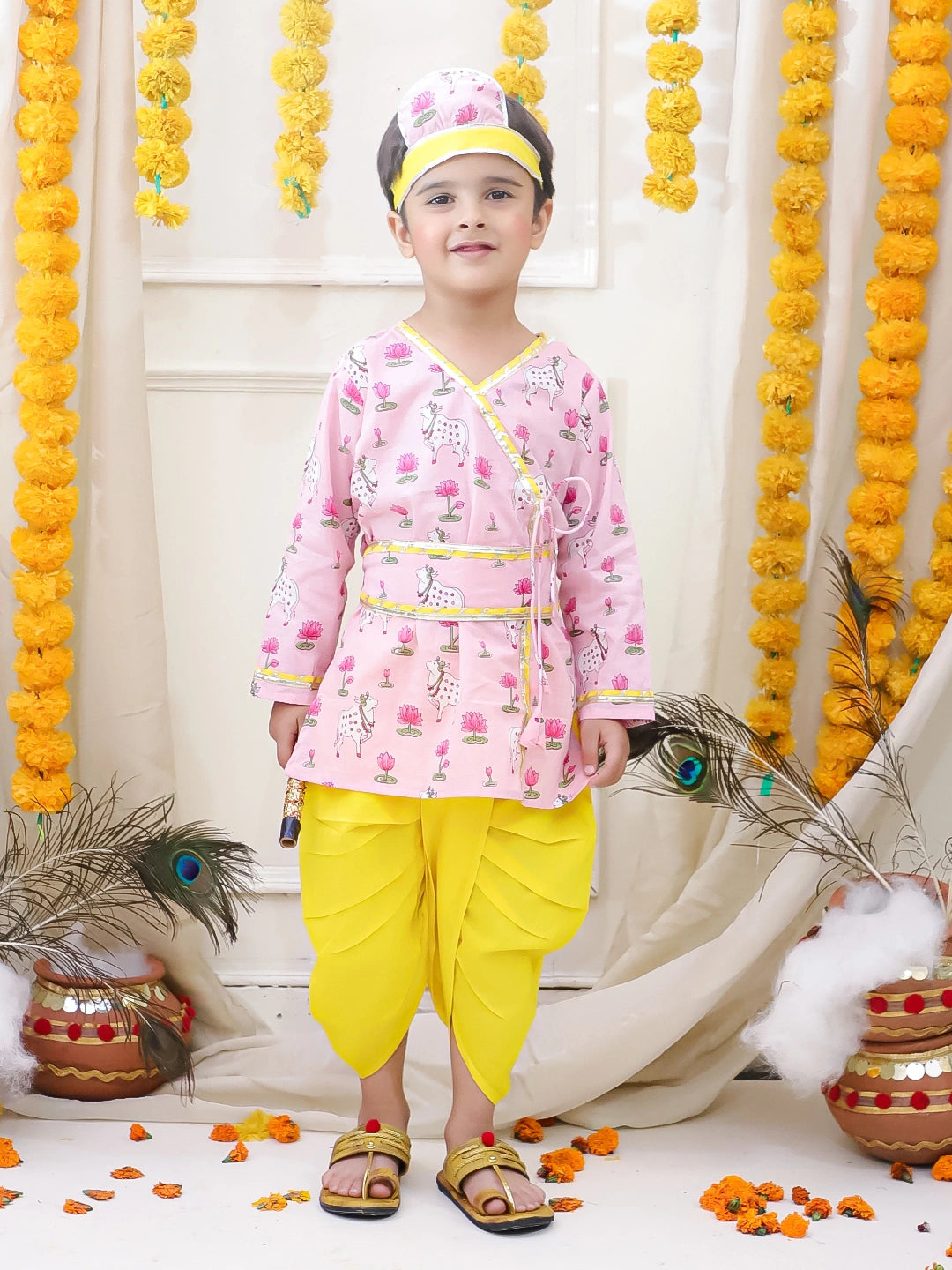 BownBee Full Sleeve Pure Cotton Kurta Dhoti With Belt ,Mukut & Bansuri for Boys