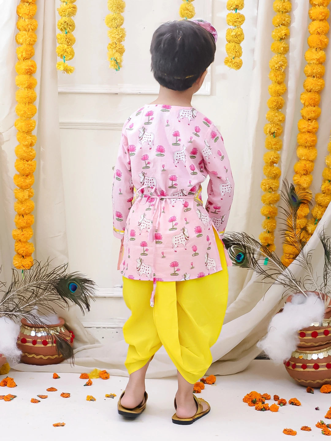 BownBee Pure Cotton Printed Dhoti Kurta & Lehenga Choli With Dupatta Sibling Set