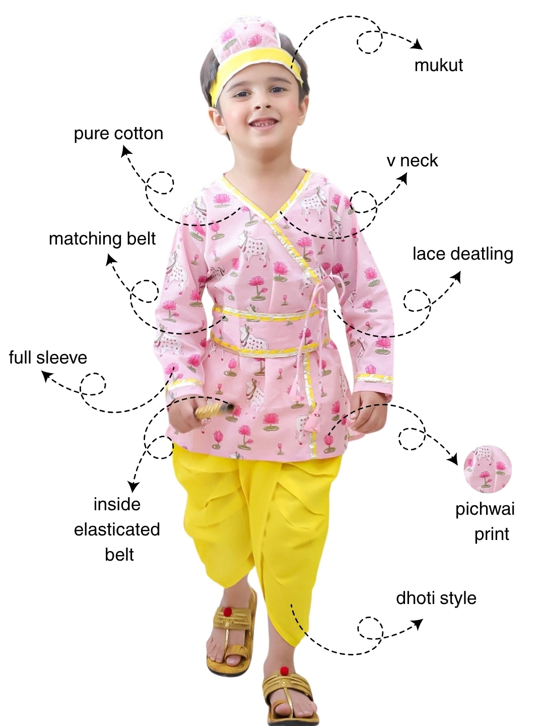 BownBee Full Sleeve Pure Cotton Kurta Dhoti With Belt ,Mukut & Bansuri for Boys