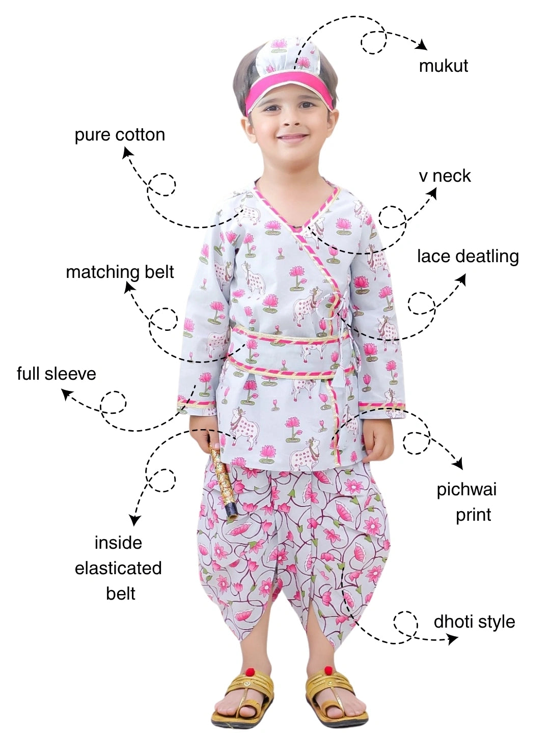 BownBee Full Sleeve Pure Cotton Kurta Dhoti With Belt ,Mukut & Bansuri for Boys