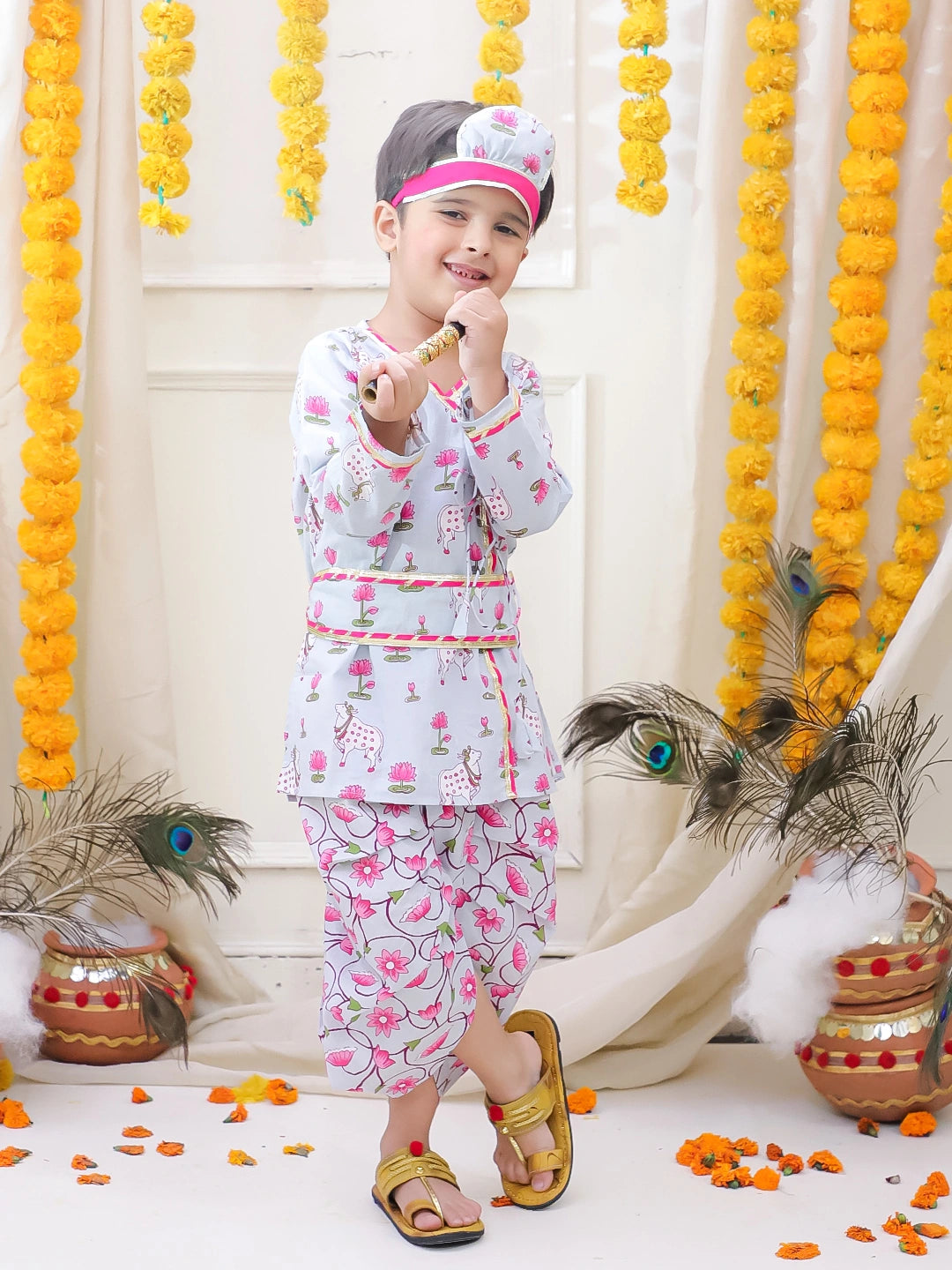 BownBee Full Sleeve Pure Cotton Kurta Dhoti With Belt ,Mukut & Bansuri for Boys