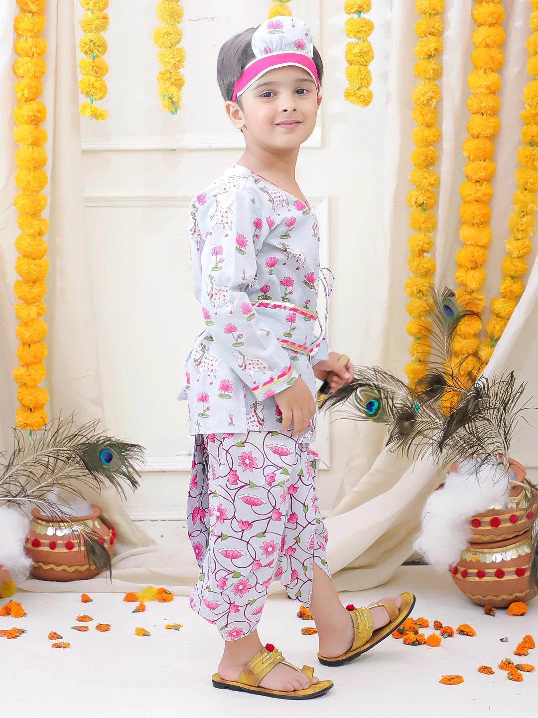 BownBee Full Sleeve Pure Cotton Kurta Dhoti With Belt ,Mukut & Bansuri for Boys