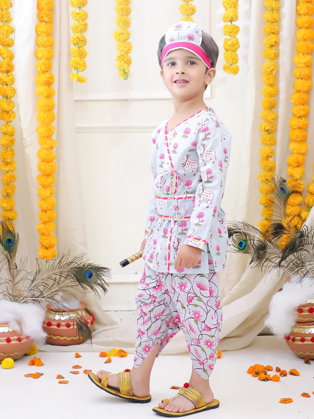 BownBee Full Sleeve Pure Cotton Kurta Dhoti With Belt ,Mukut & Bansuri for Boys