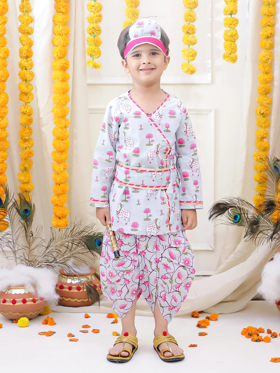BownBee Full Sleeve Pure Cotton Kurta Dhoti With Belt ,Mukut & Bansuri for Boys