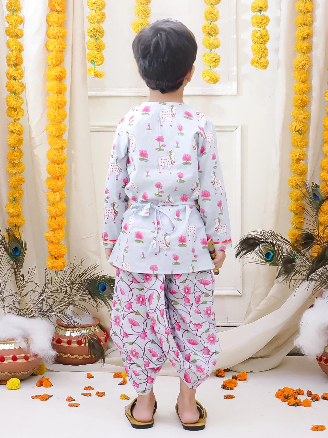 BownBee Full Sleeve Pure Cotton Kurta Dhoti With Belt ,Mukut & Bansuri for Boys