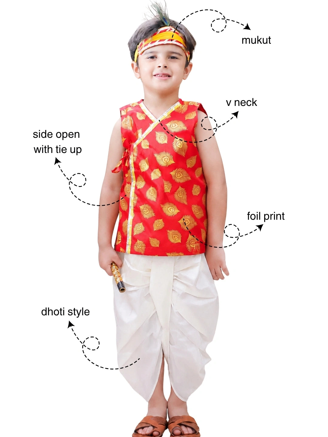 BownBee Morpankh Halfsleeve Dhoti Kurta With Mukut & Bansuri Set For Boys