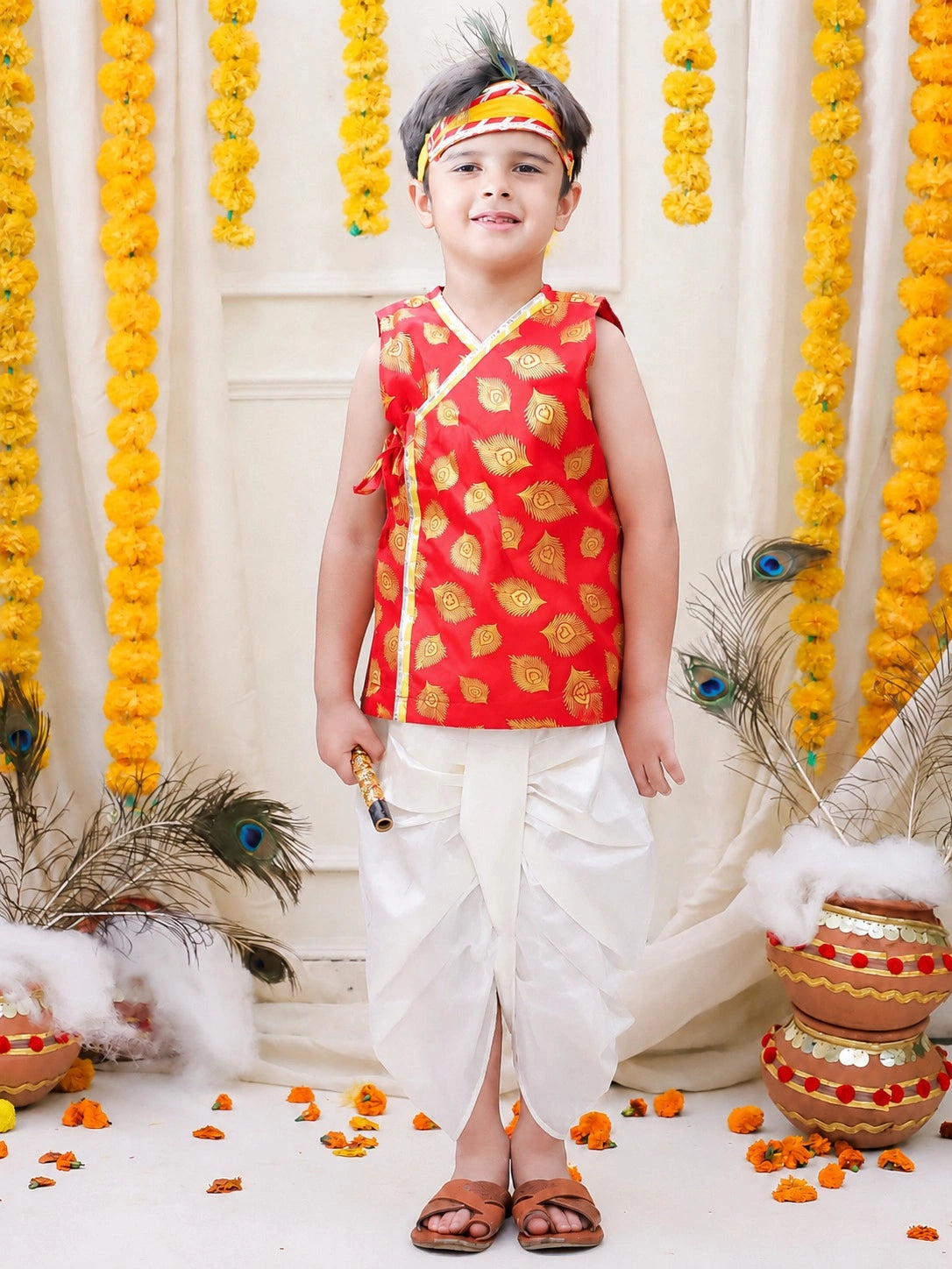BownBee Morpankh Halfsleeve Dhoti Kurta With Mukut & Bansuri Set For Boys