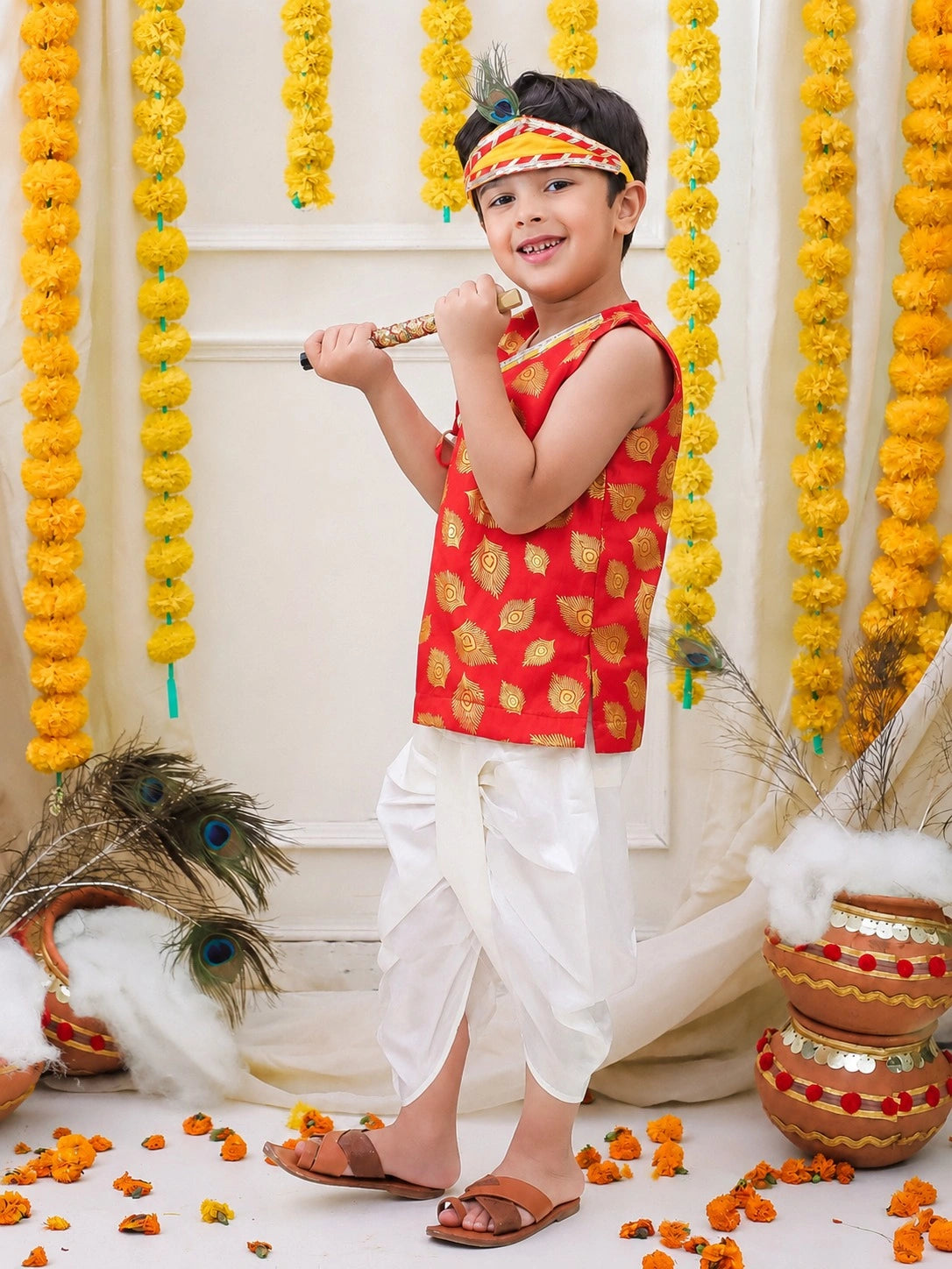 BownBee Morpankh Halfsleeve Dhoti Kurta With Mukut & Bansuri Set For Boys