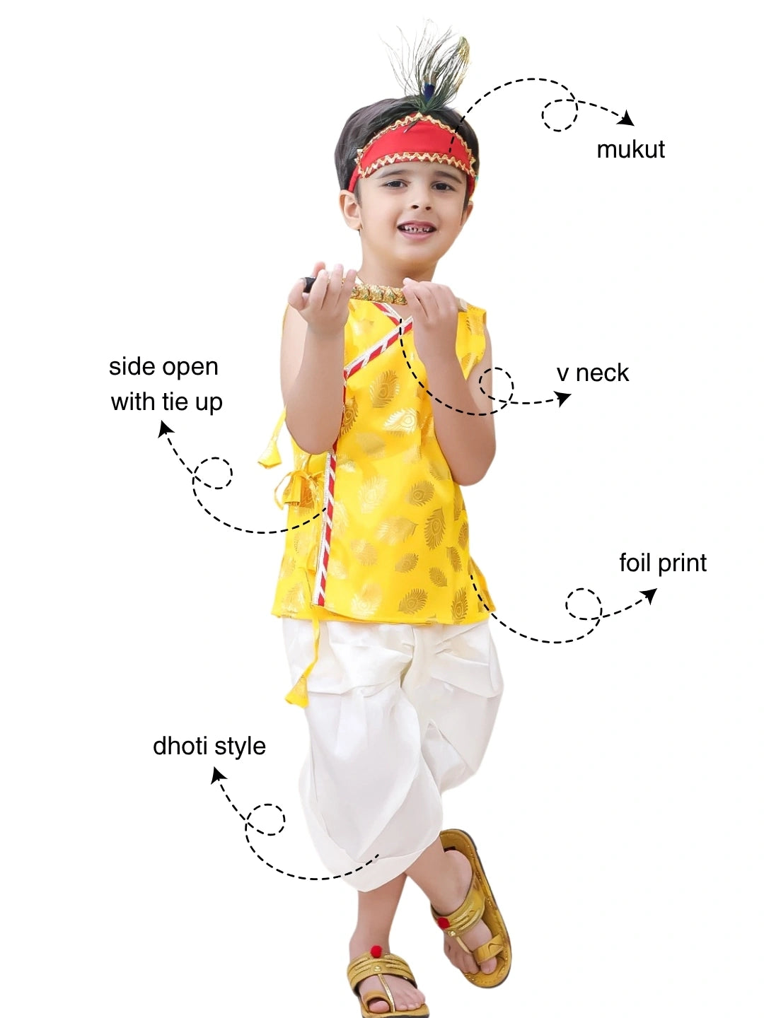 BownBee Morpankh Halfsleeve Dhoti Kurta With Mukut & Bansuri Set For Boys