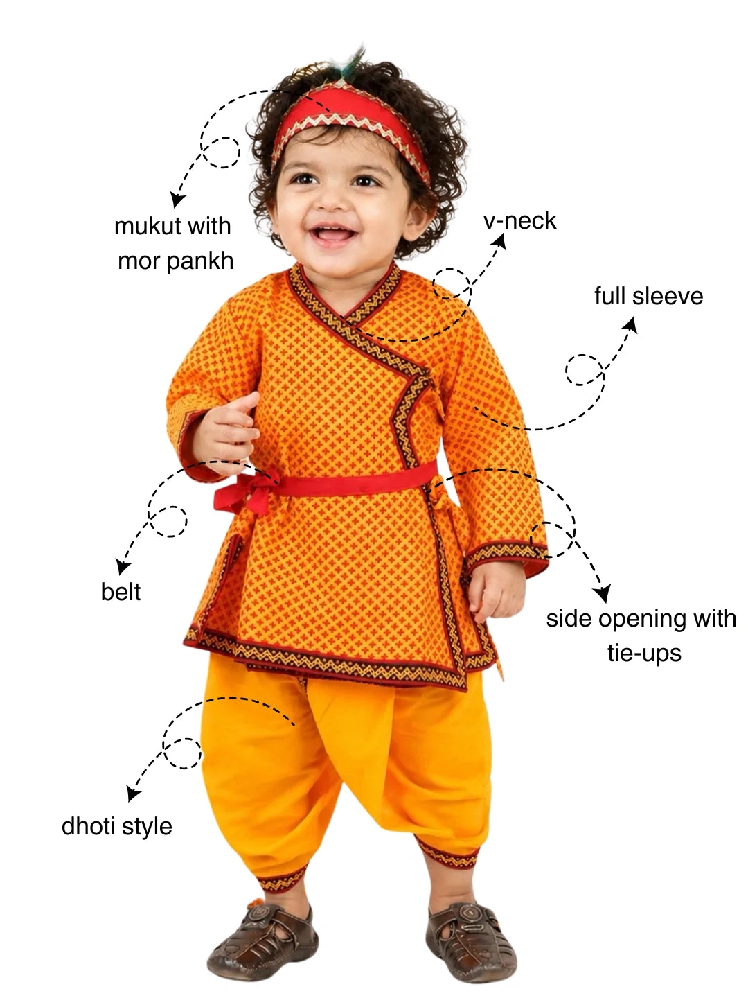 BownBee Pure Cotton printed Angarakha Kanhaiya Kurta Dhoti With Bansuri , Mukut & Belt Set For Boys