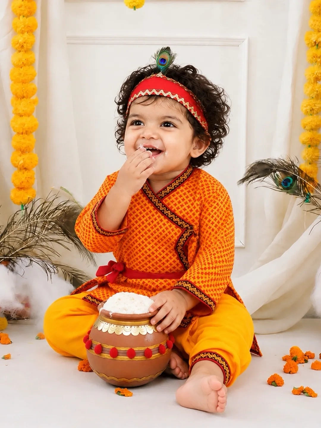 BownBee Pure Cotton printed Angarakha Kanhaiya Kurta Dhoti With Bansuri , Mukut & Belt Set For Boys