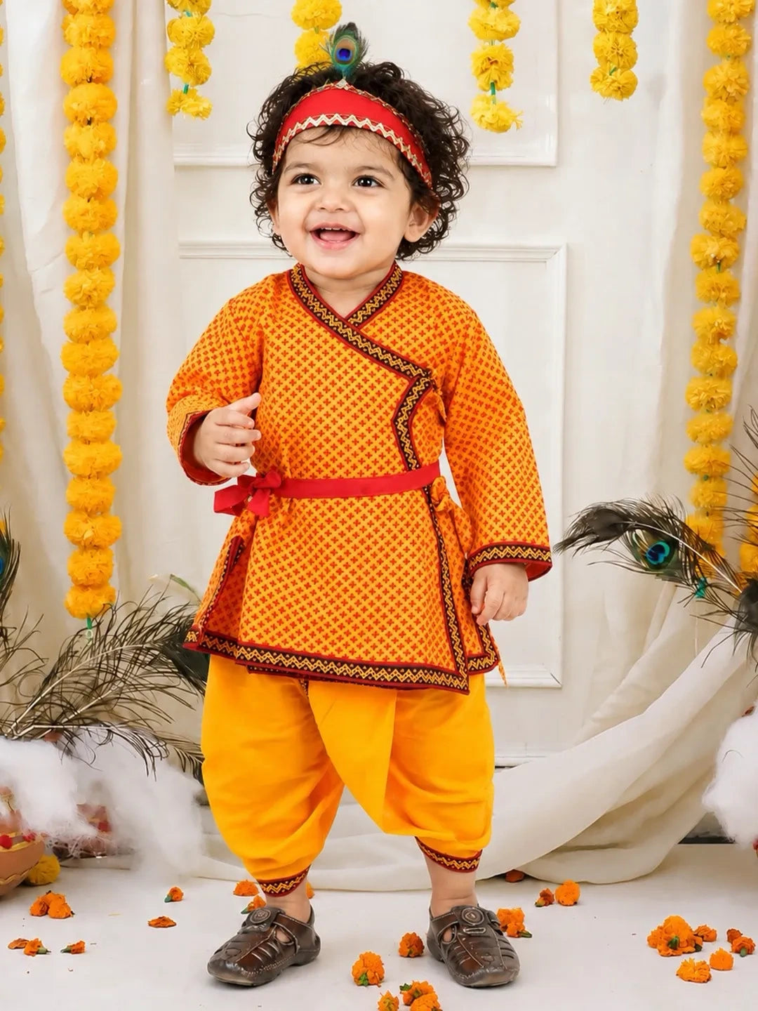 BownBee Pure Cotton printed Angarakha Kanhaiya Kurta Dhoti With Bansuri , Mukut & Belt Set For Boys