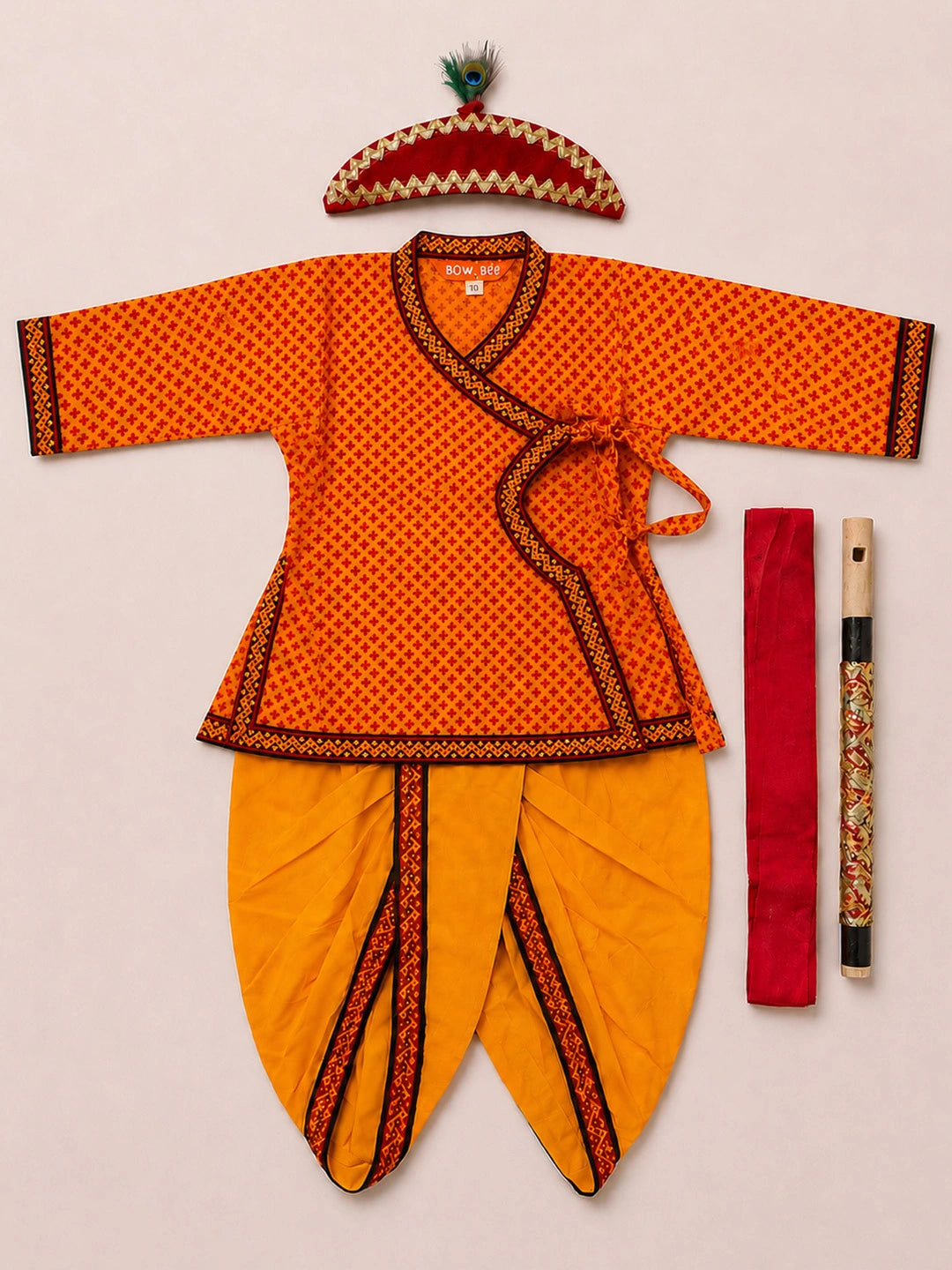 BownBee Pure Cotton printed Angarakha Kanhaiya Kurta Dhoti With Bansuri , Mukut & Belt Set For Boys