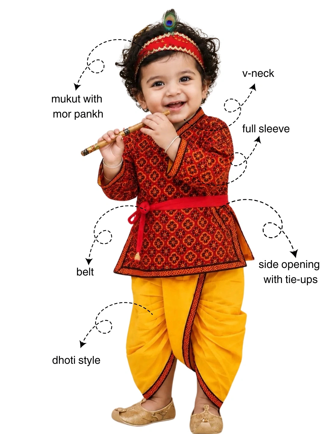 BownBee Pure Cotton printed Angarakha Kanhaiya Kurta Dhoti With Bansuri , Mukut & Belt Set For Boys (Copy)