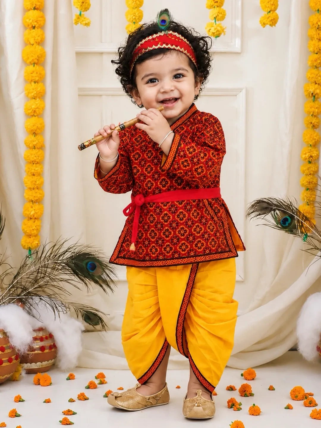 BownBee Pure Cotton printed Angarakha Kanhaiya Kurta Dhoti With Bansuri , Mukut & Belt Set For Boys (Copy)