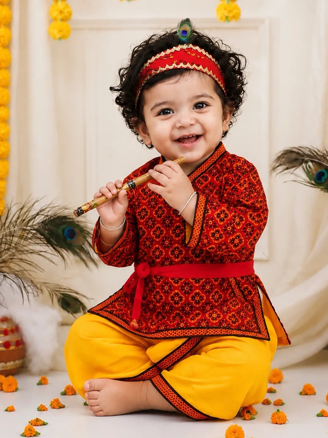 BownBee Pure Cotton printed Angarakha Kanhaiya Kurta Dhoti With Bansuri , Mukut & Belt Set For Boys (Copy)