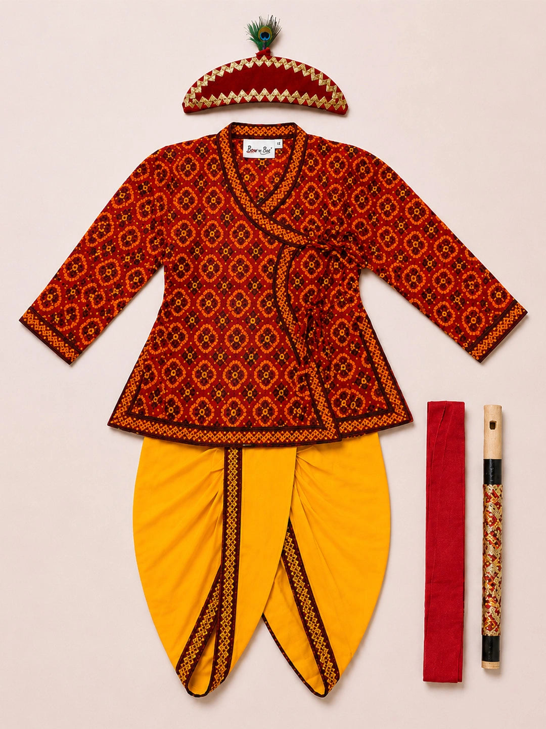 BownBee Pure Cotton printed Angarakha Kanhaiya Kurta Dhoti With Bansuri , Mukut & Belt Set For Boys (Copy)