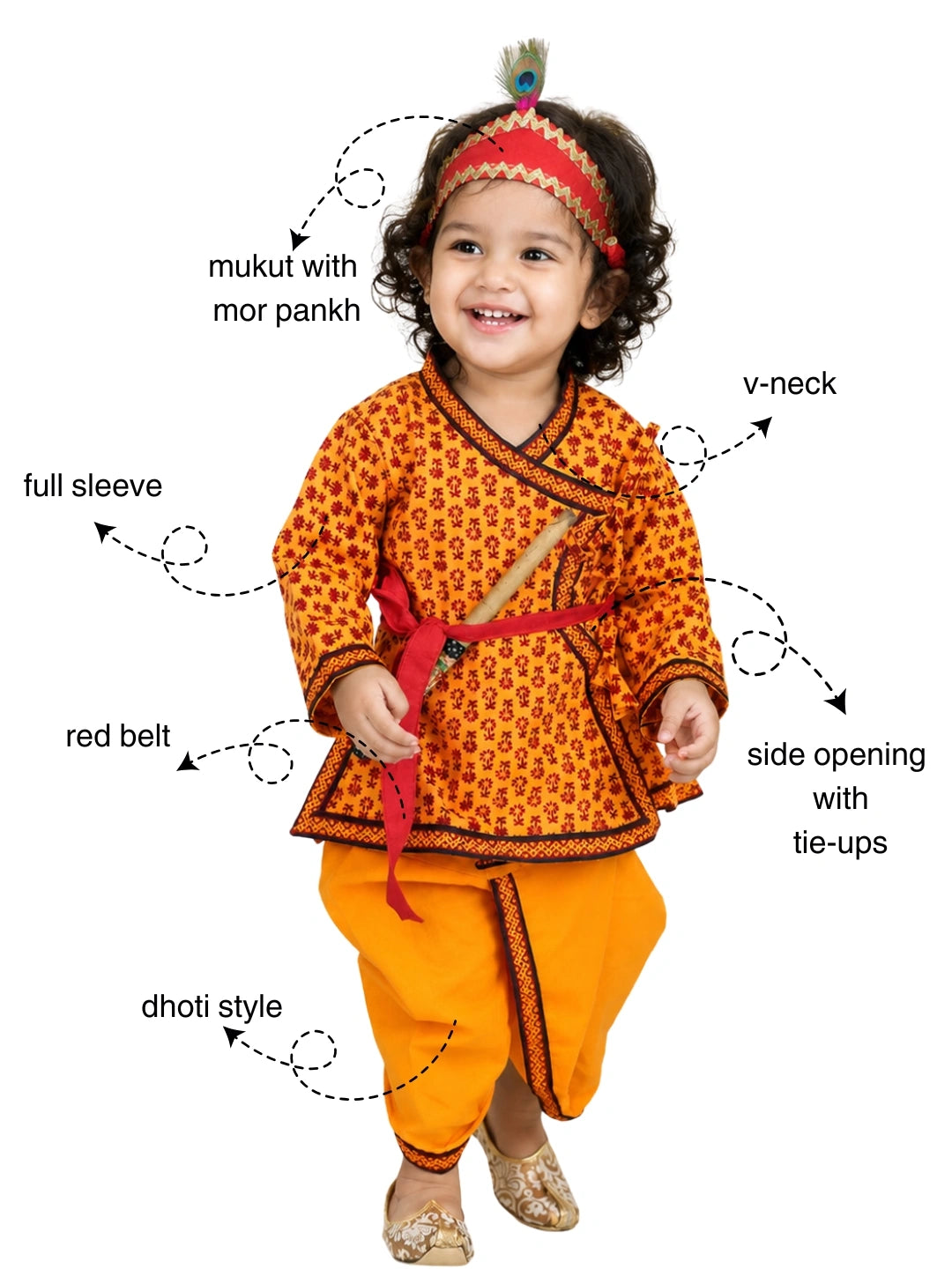 BownBee Cotton Angrakha Kanhaiya Dress With Bansuri,Mukut & Belt