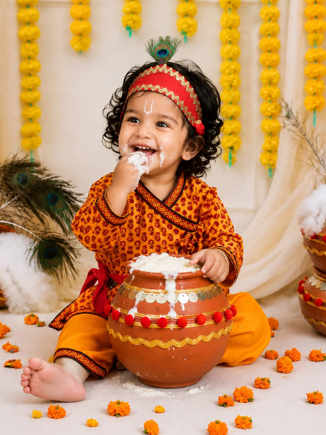 BownBee Cotton Angrakha Kanhaiya Dress With Bansuri,Mukut & Belt