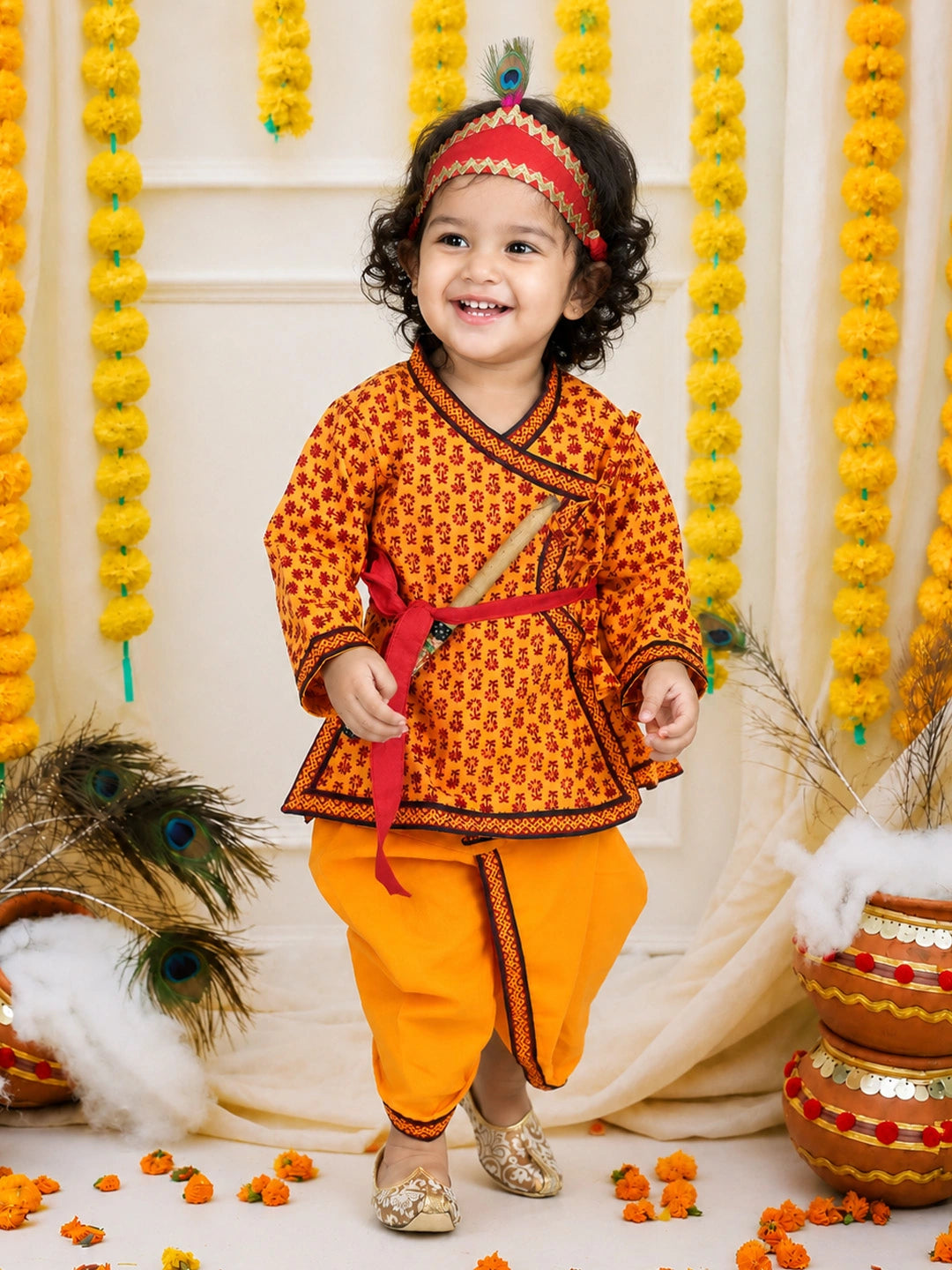 BownBee Cotton Angrakha Kanhaiya Dress With Bansuri,Mukut & Belt