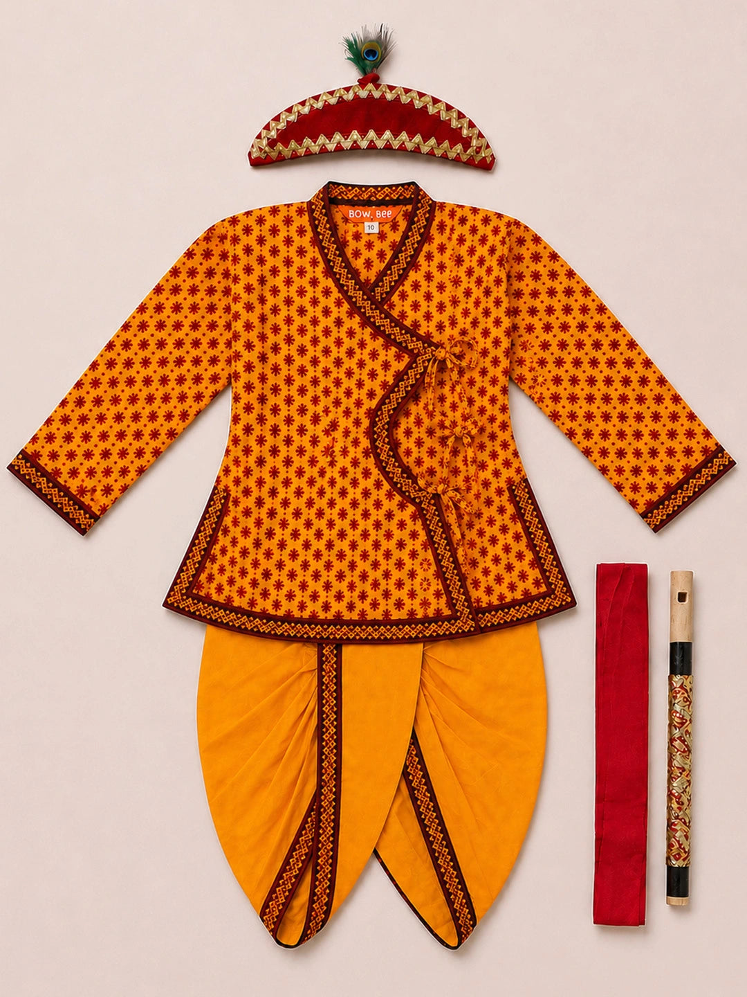 BownBee Cotton Angrakha Kanhaiya Dress With Bansuri,Mukut & Belt