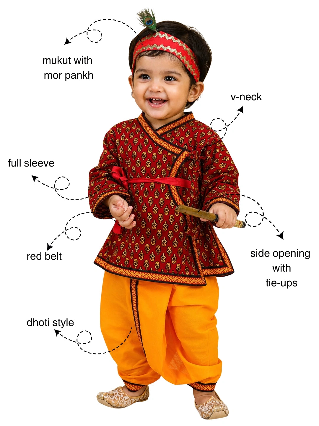 BownBee Cotton Angrakha Kanhaiya Dress With Bansuri,Mukut & Belt