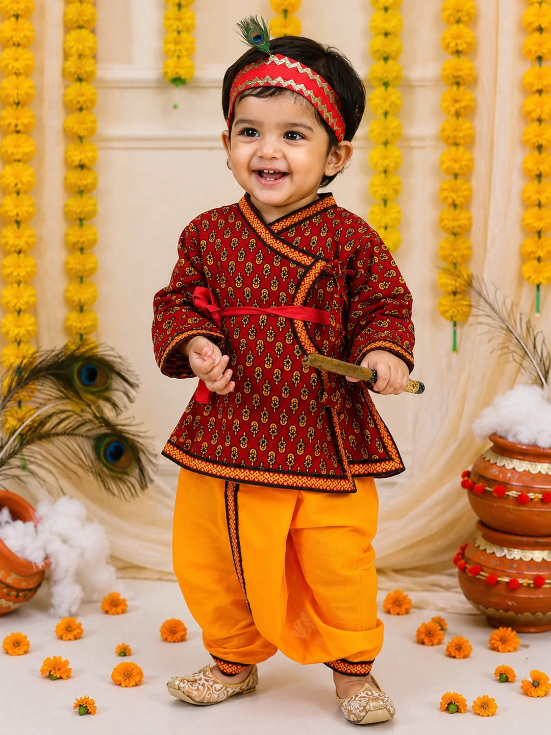 BownBee Cotton Angrakha Kanhaiya Dress With Bansuri,Mukut & Belt