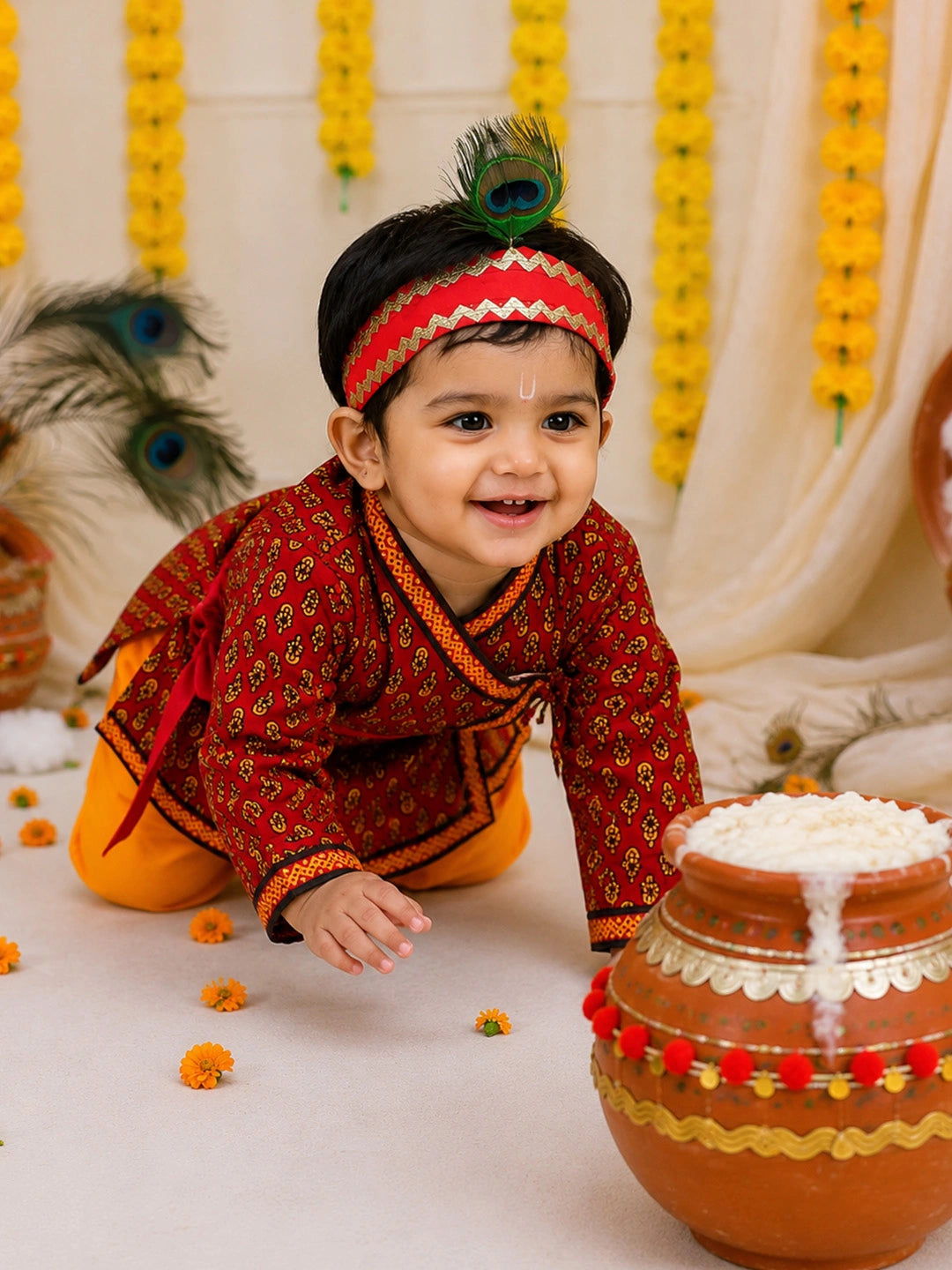 BownBee Cotton Angrakha Kanhaiya Dress With Bansuri,Mukut & Belt