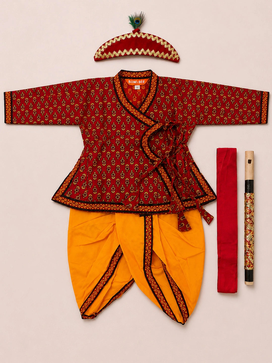 BownBee Cotton Angrakha Kanhaiya Dress With Bansuri,Mukut & Belt