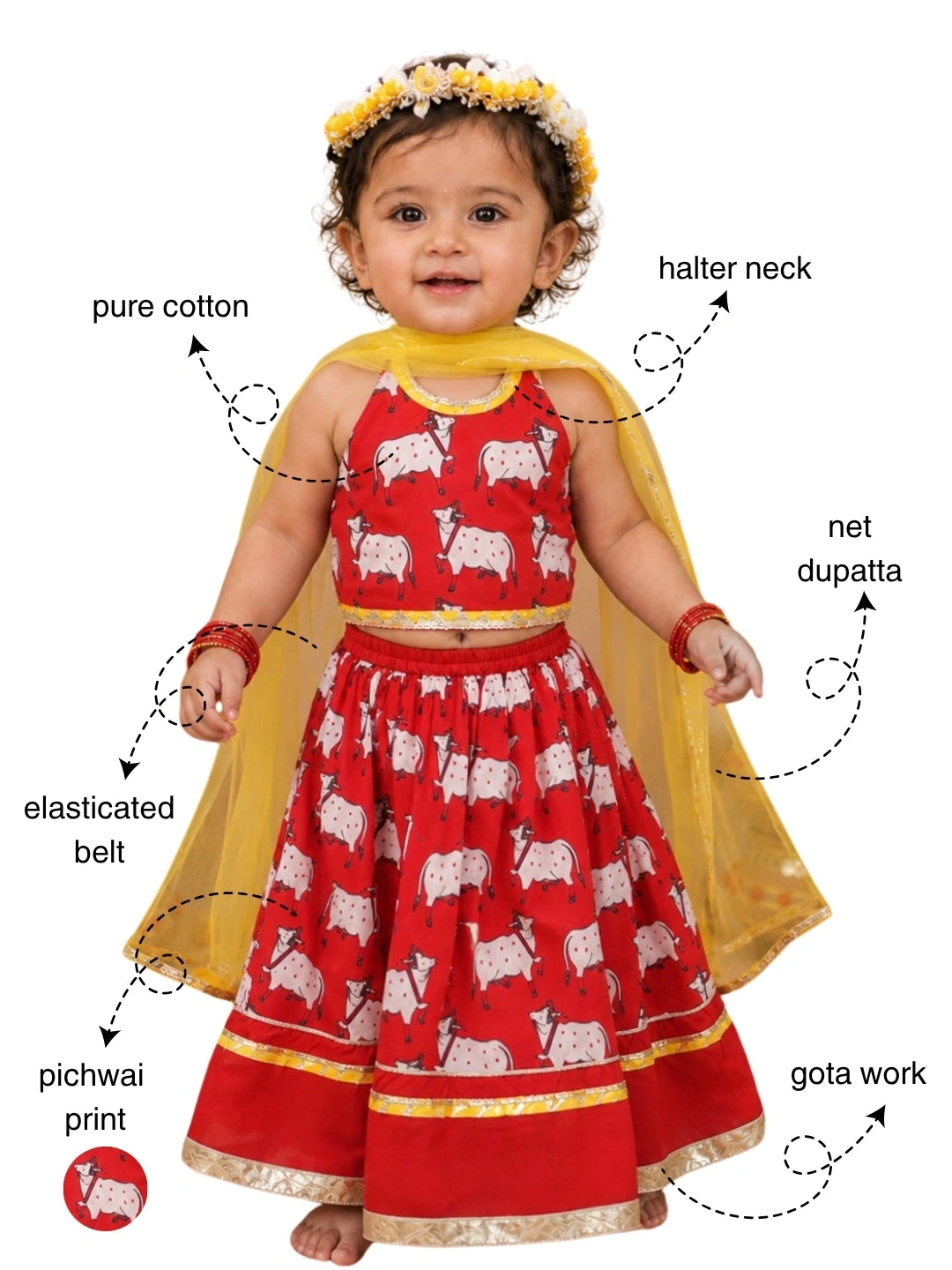 BownBee Pure Cotton Printed Halter Choli With Lehenga Set For Infant Girls